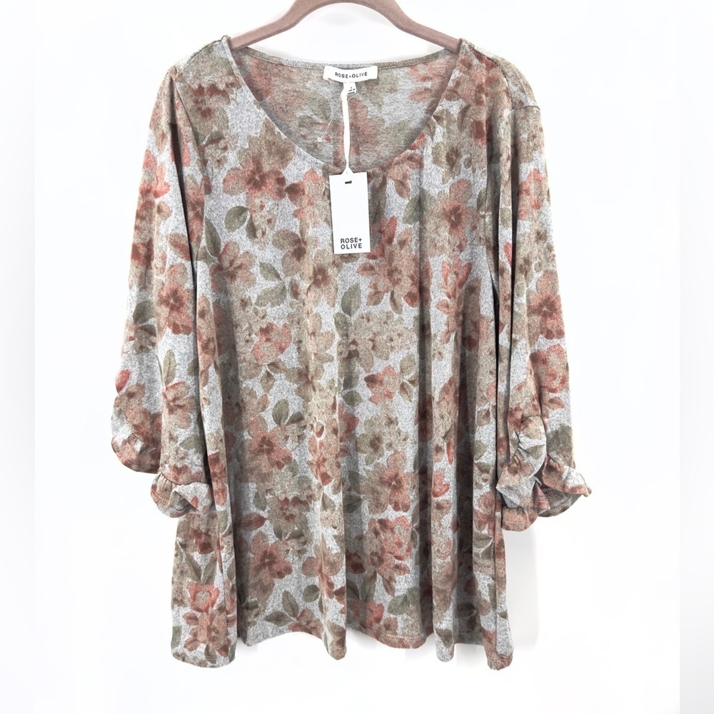 Rose + Olive Top Womens 2X Floral Fairy Cottage Soft Stretch Ruffle Casual